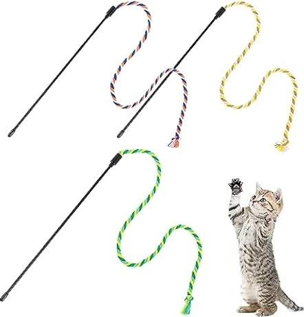 simarro 3 Pcs Cat Feather Wand Toys, Interactive Cat Teaser Wand Toy for Indoor Cats Adult, Colorful Feather Kitten Cat Stick Toys for Indoor Cats Play Chase Exercise (Colored Rope)