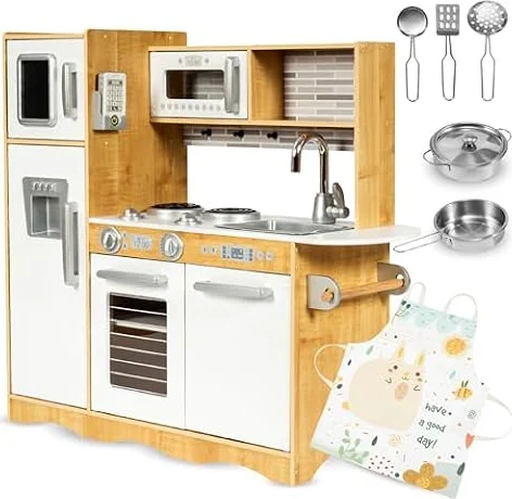 Mamabrum Baby Toys Play Kitchen with LED Lightning System, Wooden Kids Toys, Role Play Kitchen Accessories Included Pretend Play Toy Kitchen for Kids Little Chef Kitchen Playset, Natural Wood