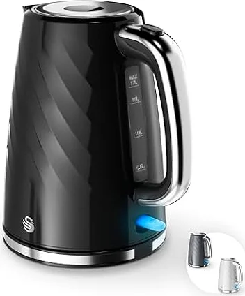 Swan Windsor Rapid Boil Kettle with Removable Limescale Filter, Boil Dry Protection and Hidden Cord Storage, 1.7L, 3KW, Black, SK14611BLK