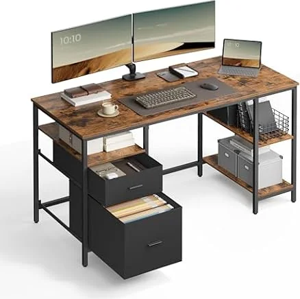 VASAGLE Computer Desk, Office Desk, Writing Desk with 3 Shelves, 2 Drawers, 60 x 140 x 76 cm, for Home Office, Living Room, Industrial Style, Rustic Brown and Ink Black LWD104B01