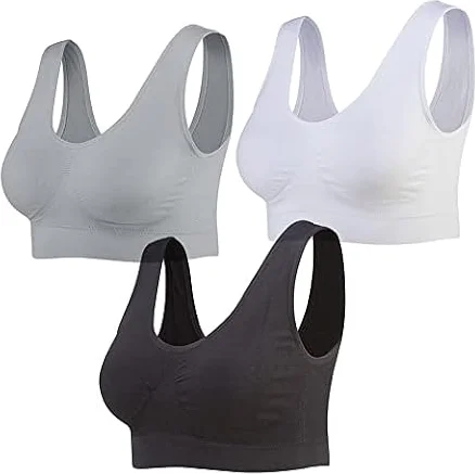 Lemef 3-Pack Seamless Sports Bra Wirefree Yoga Bra with Removable Pads for Women (X-Large, Black&White&Grey)