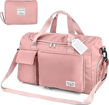 Duffel Bag, Foldable Overnight Weekend Bags for Women, Lightweight Hospital Bag with Wet and Dry Separation Bag, Large Holdall/Cabin/Gym Bag for Sports and Travel - Pink