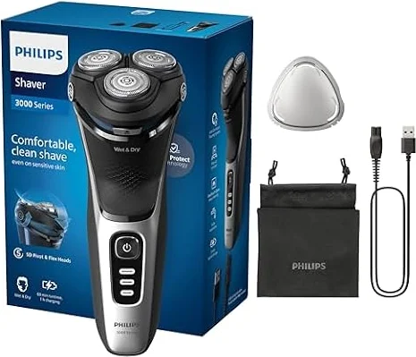 Philips Electric Shaver 3000 Series - Wet & Dry Electric Shaver for Men with SkinProtect Technology in Space Grey, Pop-up Beard Trimmer, Cordless Shaver with Travel Pouch (Model S3241/12)