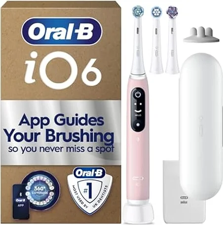 Oral-B iO6 Electric Toothbrush for Adults, Pink - 3 Toothbrush Heads, Travel Case and Toothbrush Head Holder, 5 Modes with Teeth Whitening, UK Two Pin Plug