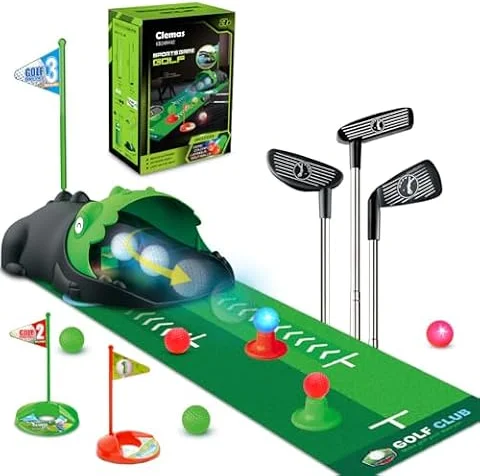 Clemas Upgraded Kids Toy Golf Set with Automatic Ball Returner, Led Light Up Golf Balls, 3 Clubs, Putting Mat, 3-5 Toddler Mini Golf Games, Indoor Outdoor Sport Toys Gifts for Boys Girls Aged 3 4 5 6