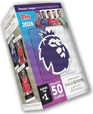 Topps Premier League 2026 - Debut Edition - Hall of Fame Super Tin #1. Contains 50 cards plus 3 Hall of Fame LE cards.