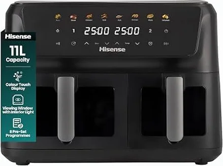 Hisense 11L Dual Zone Air Fryer - 2700W Energy-Saving Colour Touch Display Cooker with 8 Cooking Functions - Fries, Steak, Chicken, Grill, Fish, Shrimps, Pizza, Dehydrate, Black