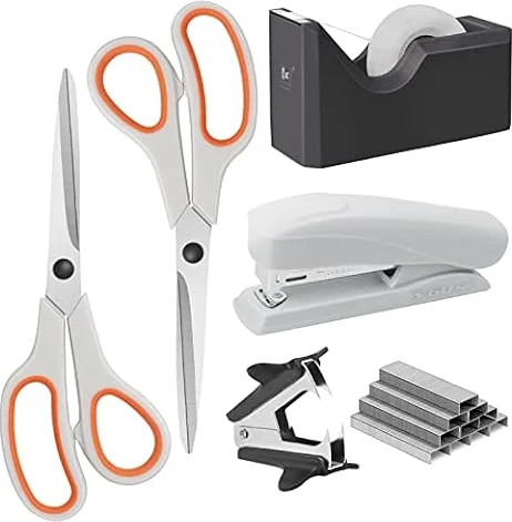 Asdirne Office Supplies Kit, Basic Style, Including Scissors, Stapler, Staples, Remover, Tape Dispenser & Tape, White and Orange