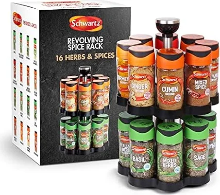 Schwartz Rotating Spice Rack, Space Saving, Includes 16 Herbs and Spices Jars for your Favourite Dishes, 373 G , 18cm (W) x 26cm (H), Engraved Schwartz Logo on Handle, 1 Spice rack