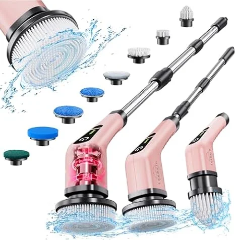 Leebein Electric Spin Scrubber, Cordless Cleaning Brush with 8 Replaceable Brush Heads, Extendable Long Handle Bathroom Cleaning Scrubber, 300/400RPM Spin Scrubber for Bathroom Floor Tile (Rose)