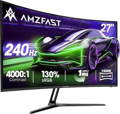 Amzfast 27 inch Curved Gaming Monitor, 240Hz, Full HD 1920x1080p, 1ms MPRT, 4000:1 Contrast, 130%sRGB, HDR, Adaptive-Sync, AI-Crosshair, VESA 100X100, HDMI 2.0&DP 1.4– for FPS/RTS/Racing, AMZG27C1 Pro