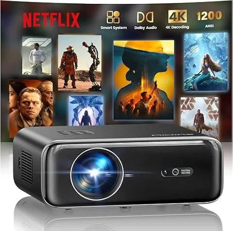 【Netflix Included/Dolby Audio】Smart 4K Projector,1400ANSI FHD 1080P Portable Projector,HDR10 Short Throw Auto Focus/Keystone WiFi6 Bluetooth 50% Zoom Home Cinema Projectors for Bedroom,Outdoor,Gifts