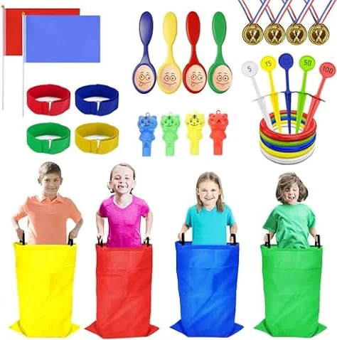 Waylipun Sports Day Kit, 36 Pcs Outdoor Games Set, Sack Race, Ring Toss Game, Egg and Spoon Race, 3 Legged Race, Medal and Whistles, Birthday Party Games Backyard Garden Game Kit for Kids and Family