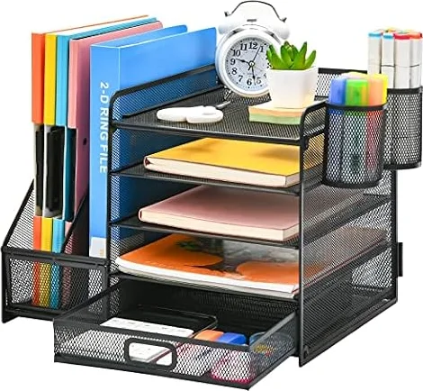 Marbrasse Desk Organiser File Holder,5-Tier Paper Letter Tray Organiser with Drawer,2 Pen Holder,Mesh Desktop Storage with Magazine Holder for Office Supplies(Black)