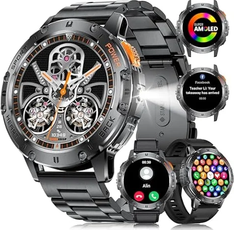 LIGE Smart Watch for Men with Flashlight,1.43" HD Smartwatch for Android iOS with Heart Rate Blood Pressure Monitor 3 Straps(Black)