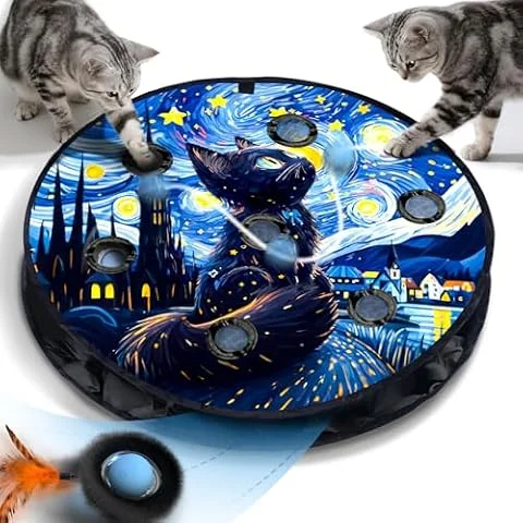 Cat Toys, Interactive Cat Toys for Indoor Cats Adult, 7 Holes Maze Mat 6th Gen Motion Activated Automatic Moving Ball Kitten Toy in Pouch, Feather Tail, Timer & Touch & DND, 4 Mode Mouse Catching Game