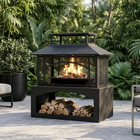 Aoxun 36" Outdoor Fire Pit with Log Store, Steel Wood Burning Fireplace with Mesh Spark Screen & Poker, Removable Ash Pan, Outdoor Patio Heater for Garden, Patio & Backyard