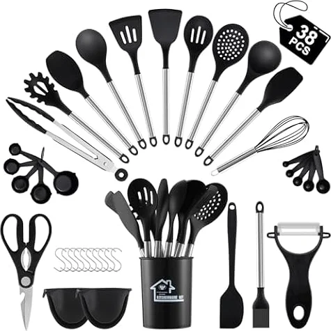 38 Pieces Kitchen Utensils Set, BEWOS Silicone Cooking Utensils Set with Spatula, Utensil Holder and Measuring Spoons, Nonstick Heat Resistant, Black Kitchen Gadgets, Stainless Steel Handle