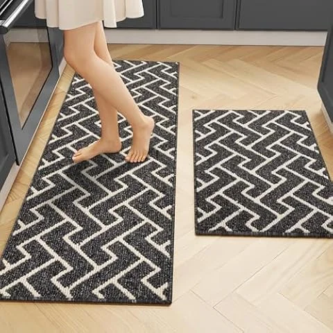 Biscpro Kitchen Rug Set 2 Pieces,Washable Non-Slip 50x80+50x150cm,Black