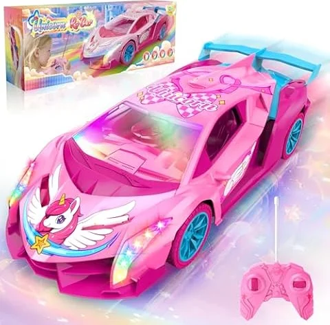 Unicorn Remote Control Cars w Multicolor Flash Light, Unicorn Gifts for Girl Toys for 3 4 5 6 7 8 Year Old Girls, 2.4GHz Drift RC Car Kids Toys Age 3-10, Girls Birthday Presents Easter Gifts for Kids