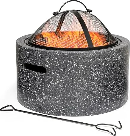 VonHaus Fire Pit – 2 in 1 Firepit with BBQ Cooking Grill for Outdoor, Garden, Patio – MgO Material, Stone Effect Finish, Fire Poker & Mesh Cover Included, Carry Handles – Use Wood or Charcoal to Fuel