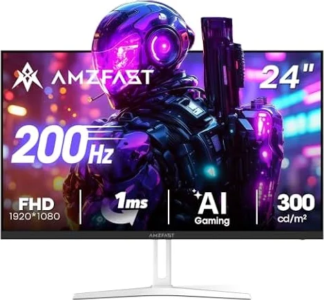 Amzfast 24 Inch 200Hz Gaming Monitor, FHD 1080P Fast IPS, 1ms MPRT, Adaptive Sync, AI-Crosshair, 110% sRGB, HDR, Low Blue Light, HDMI2.0&DP1.4, VESA75x75mm for PC Desktop Laptop PS5 Xbox, G24X1W