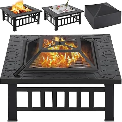 Yaheetech Fire Pit for Garden, 3-in-1 Outdoor Square Firepit, 81cm, Black