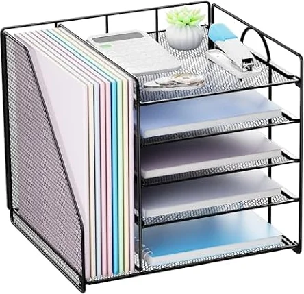 Restorgan Desk Organiser with File Holder, 5 Tiers Paper Letter Tray Organiser, Desktop Organiser and Storage, Mesh Desk Organisers and Accessories for Home Office Supplies
