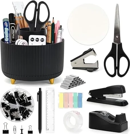 12-in-1 Stationary Set, Black Desk Accessory with Stapler & Staples Set, Pen Pot, Tape Dispenser, Scissors, Ruler, Color Tabs for Men, Women, Practical Office Supply for Teachers, Students