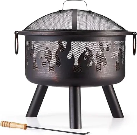 VonHaus Fire Pit – Firepit for Outdoor, Garden, Patio – Portable & Lightweight with Flame Design, Black Bronzed Steel, Fire Poker & Mesh Guard Included, Carry Handles – Use Wood or Charcoal to Fuel