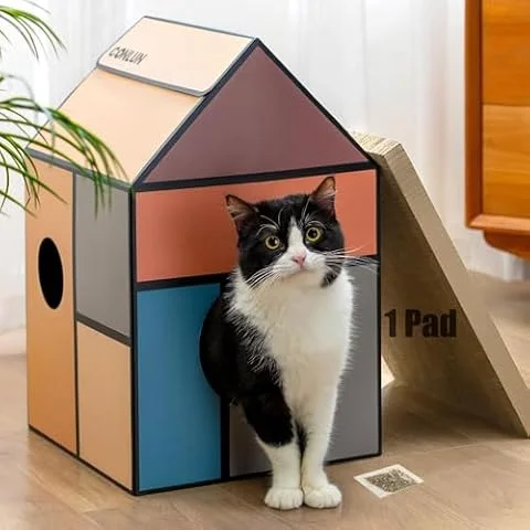 2-in-1 Cat House Corrugated Scratching Board Indoor Cave <6kg