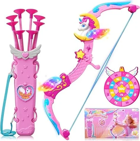 Unicorn Toys for Girls Ages 3-12, 6 Magic Lights BowArrow(Unicorn Horn, Wings, Star, Upper & Lower Arms), Dreamy Quiver & Princess Target, 8 Pink Suction Arrow, Gift for 3 4 5 6 7 8 9 10 Year Old Girl