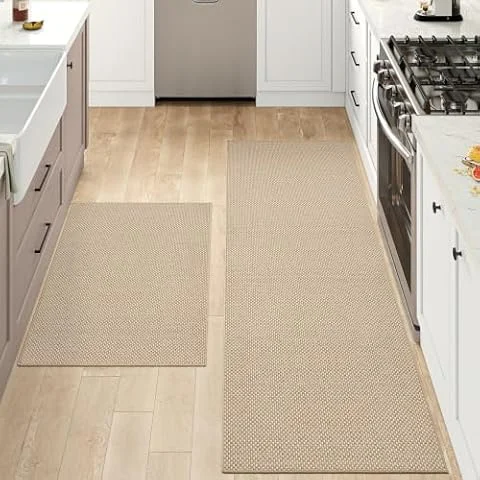 DEXI Kitchen Rugs Set of 2, Non-Slip, 43x75 cm + 43x150 cm, Beige