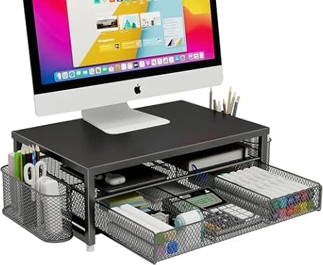 Monitor Stand Riser Metal, Office Desk riser with shelf Organizer, Office Organization ,Desk Organizer with Drawer and Pen Holder, 2-Tier Computer Stand, for iMac, PS4, PC, Printer, Notebook (Black)
