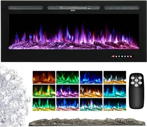 INMOZATA Electric Fire Wall Mounted Recessed Insert 40 50 60 70 80 inch Electric Fireplace with Touch Remote Control 12 LED Color Flame Effect Electric Fire Heater, Crystal and Log Set
