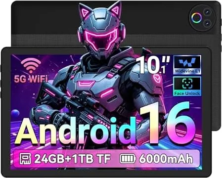 Gleeso Tablet 10 Inch｜Android 16 Tablet 24GB RAM 1TB TF｜Android Tablets with 6000mAh｜Face Unlock｜BT 5.4/5G WiFi｜8MP Dual Camera, Tablet PC - Black