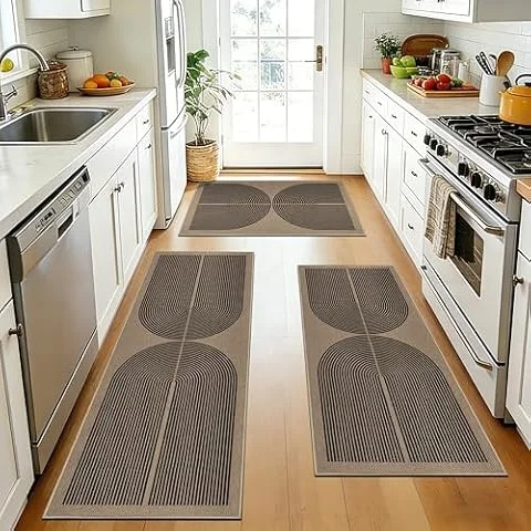 Capslpad Kitchen Rugs Sets of 3 Non Slip Jute Look Kitchen Mat Set Washable Boho Kitchen Rugs and Mats Black Kitchen Runner Rug Floor Carpet for Laundry, Hallway, (50x80cm+50x120cm+50x150cm)