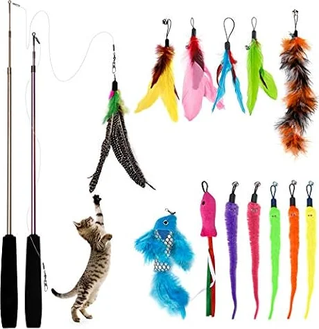 Bojafa Cat Toys for Indoor Cats Adult: Interactive Kitten Feather Wand Toys - 15Pcs Cat Teaser Toys