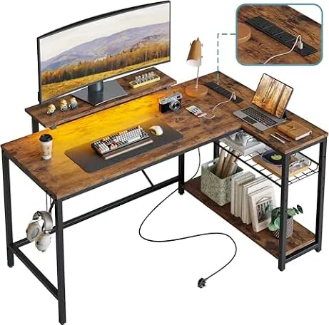 Bestier 132.5CM L-Shaped Desk with 3 Power Outlets & 2 USB Ports, LED Strip Lights – Reversible Corner PC Workstation with Shelves & Hooks for Home Office & Bedroom