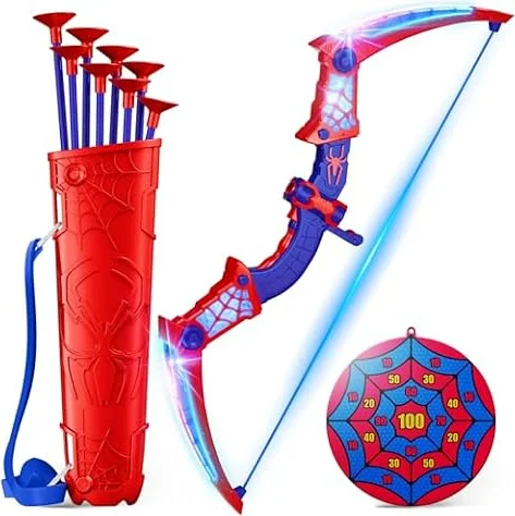 Toys for Age 3-12, Boys Toy Bow Arrow With Red & Blue LED Lights, Quiver & Web Target, Kids Toys Gifts for 3 4 5 6 7 8 10 Year Old Boys Kids Birthday Presents for 3 4 5 6 7 8 9 10 Year Olds Boys Girls