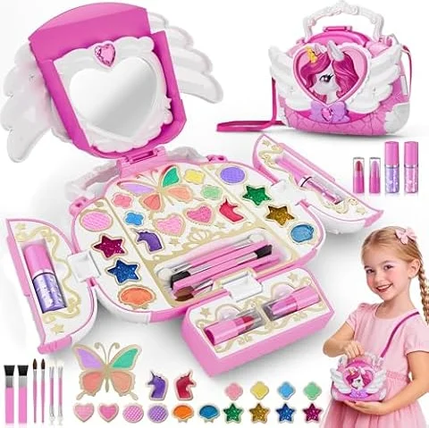 Kids Makeup Sets for 3-12 Girl, Washable Make up Kit With Mirror & Strap, Real Makeup Girl Princess Pretend Play Games Toys Presents, Unicorn Girls Toys Gifts Age 3 4 5 6 7 8 9 10 11