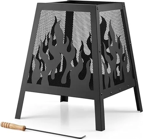 VonHaus Fire Pit – Firepit for Outdoor, Garden, Patio – Portable & Lightweight with Flame Design, Black Steel, Fire Poker & Mesh Guard Included – Use Wood or Charcoal to Fuel