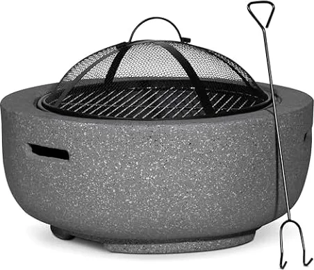 Dellonda Round MgO Fire Pit with BBQ Grill, Ø60cm, Safety Mesh Screen - Dark Grey - DG189
