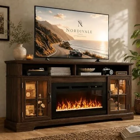 Nordivale 70" Electrical Fireplace TV Stand, Modern Entertainment Center for TVs, TV Console with Storage Cabinets, Media Console for Living Room, Brown TV Stand and Black Fireplace