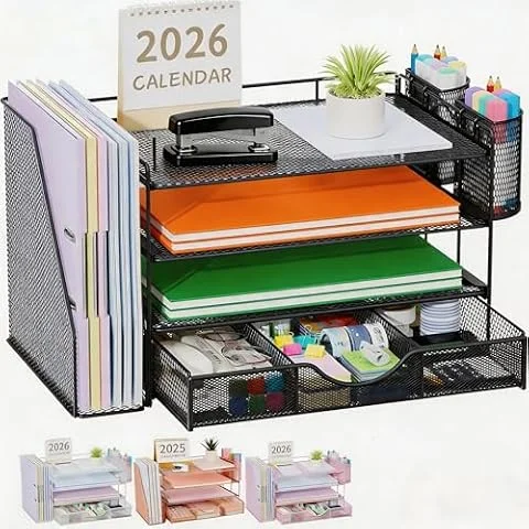 Quhombo Desk Organiser with File Holder,4-Tier Desk Organisers and Accessories with 2 Pen Holders and Drawer,Paper Letter Tray Storage with Magazine Holder for Home Office Supplies(black)