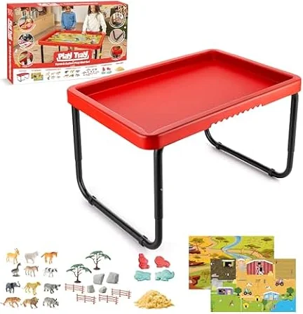 Toyrific Play Tray Activity Table with Play Mat Set, Kids Sensory Play Tray, Farm and Safari Theme Play Mat Set, Red