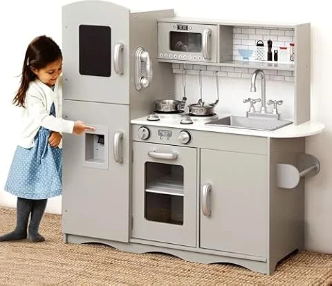 KIDOZ Signature Kids Wooden Play Kitchen Boys Girls Pretend Toy, New Grey