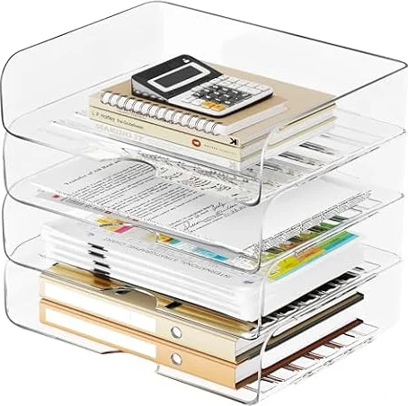 Tomorotec Desk Letter Tray Set 4-Pack, A4 Size Clear PET Stackable Document Organizer Office Desktop File Paper Holder Book Storage Rack Side Load Anti-Skid Stacking Support Convex Bottom Grooved Snap
