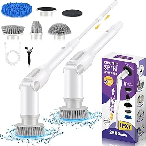 Aztarr Cordless Electric Spin Scrubber, 2-Speed, Extendable Handle, 5 Heads