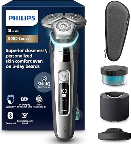 Philips Shaver Series 9000 - Wet and Dry Electric Shaver for Men, SkinIQ Technology, Pop-up Beard Trimmer, Cleaning Pod, Charging Stand and Travel Case (Model S9974/55) EU Plug